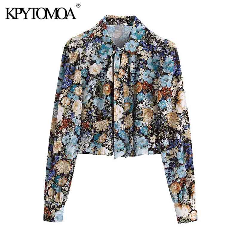 Women Fashion With Bow Tie Floral Print Cropped Blouses Long Sleeve Button-up Female Shirts Chic Tops 210420