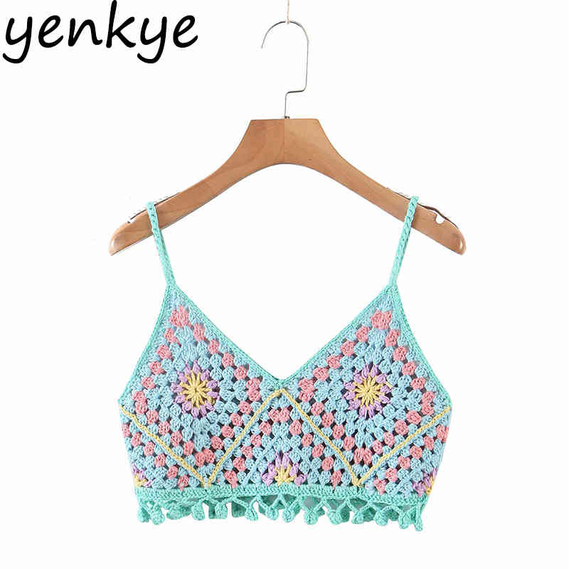 Vintage Ethnic Crochet Cami Top Women V Neck Sleeveless Sexy Tops Ladies Holiday Summer Boho ropa mujer 210430