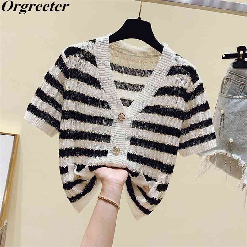 Summer Short Sleeve Striped Knitted Cardigan Women Elegant Black White Hit color V-neck Wild Sweater Tops 210602, Violet
Summer Short Sleeve Striped Knitted Cardigan Women Elegant Black White Hit color V-neck Wild Sweater Tops 210602, Violet