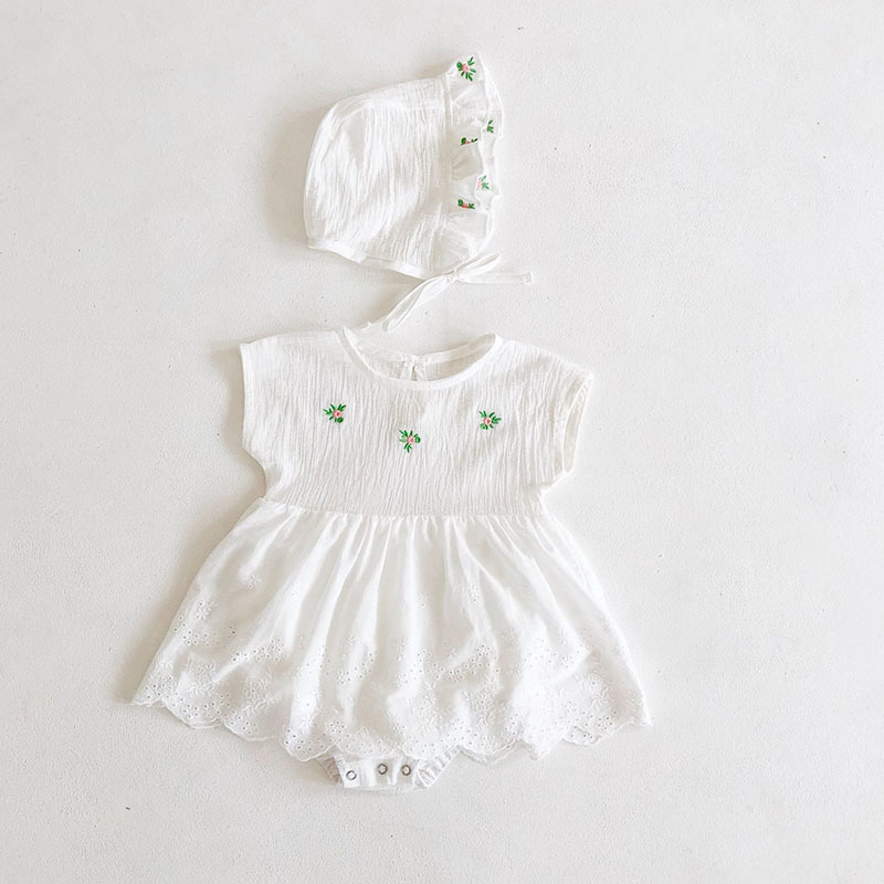 Summer Baby Girls Rompers Clothes Bodysuits Embroider Pure Color +Cap Infant Bodysuit 210429