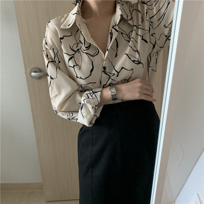 Korean Chic Sketch Flower Abstract Print Single Breasted Loose Long Sleeve Shirts Streetwear Office Lady Blouses 210421