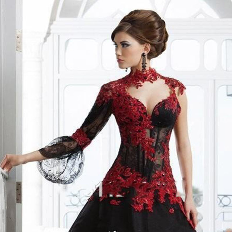 Victorian Gothic Masquerade Wedding Dress High Neck Appliques Lace Beaded Red and Black Long Ball Bridal Gowns Vintage Corset Plus Size Bride Dresses 