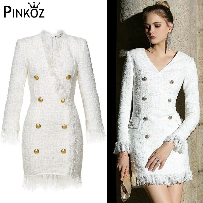 Autunm Winter White Dress Long Sleeves Sexy V-neck Split Bow Double Breastes Tassel Tweed Party Midi Wholesale 210421