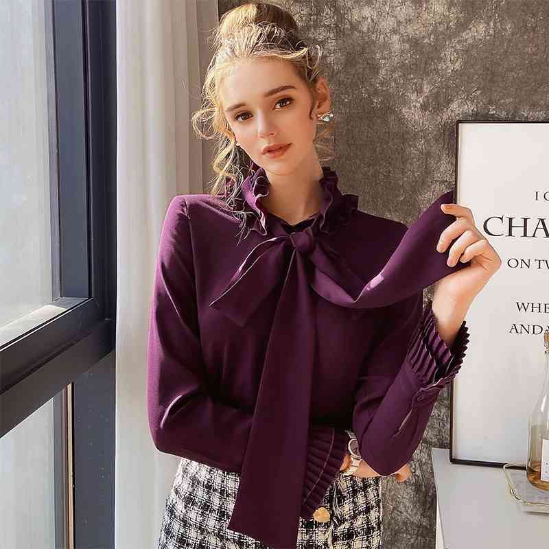 Dabuwawa Vintage Ruffles Elegant Women Blouse Shirts Casual Office Lady Bow Tie Blouses Shirt Solid Work Wear Tops DO1AST029 210520