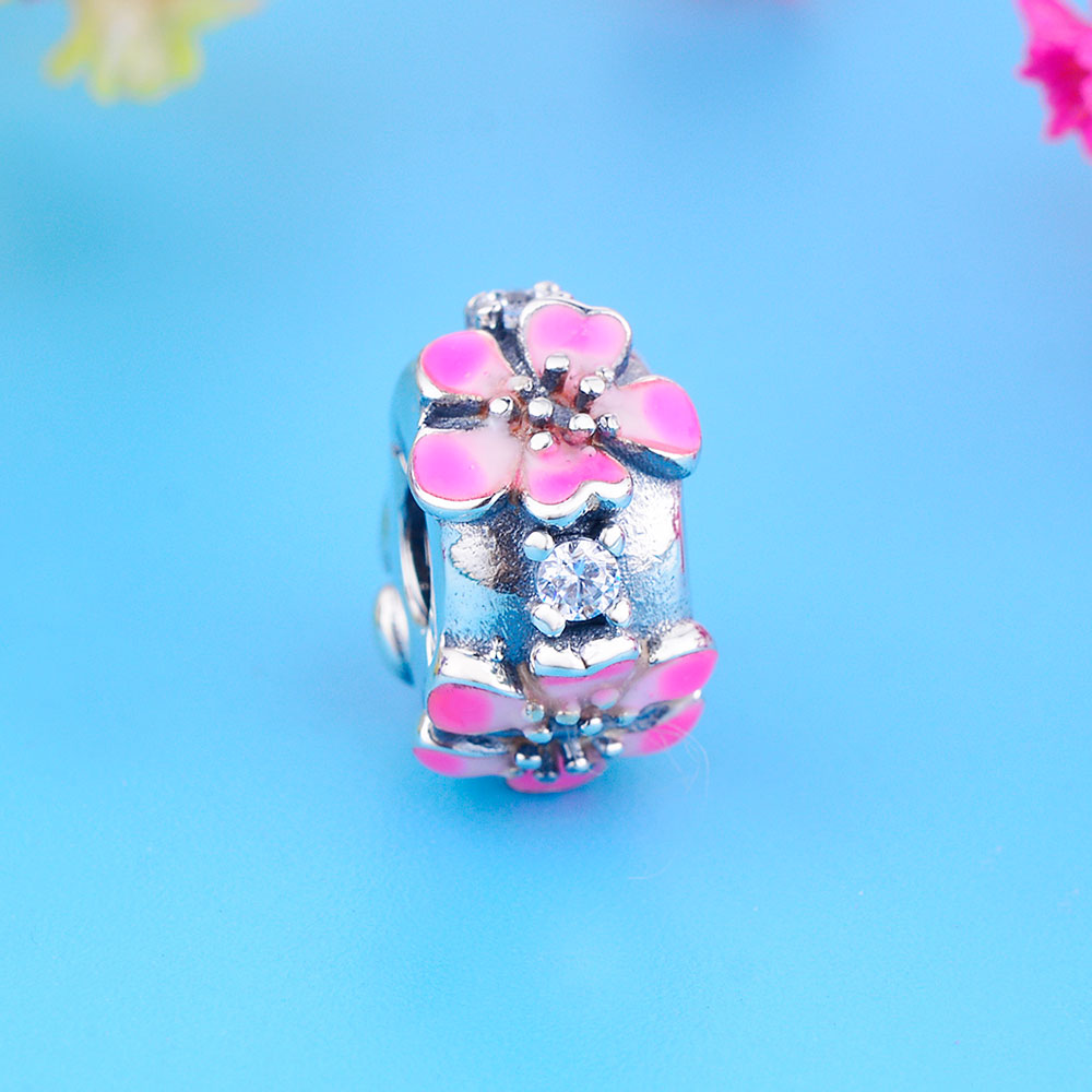 Fit Original Pan Charm Bracelet Authentic 925 Silver Pink Enamel Flower Spacer Bead For Making Women Summer Berloque