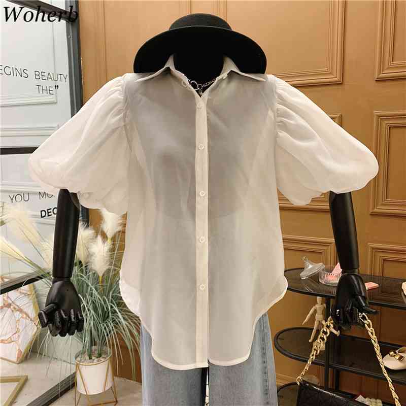Puff Short Sleeve Shirt Women Turn-down Collar Summer Loose Blusas Korean Blouse See Through Temperament Vintage Tops 210519