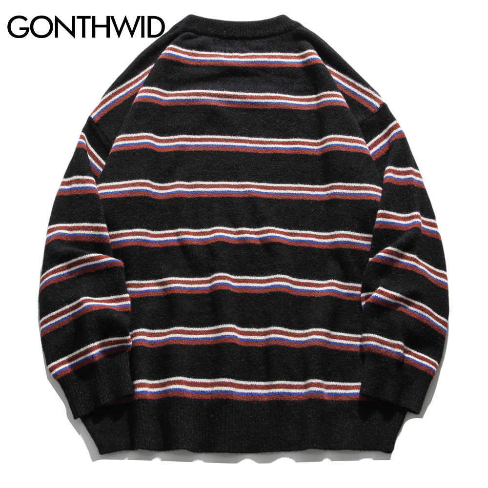 GONTHWID Harajuku Stripe Knitted Jumpers Sweaters Streetwear Hip Hop Casual Pullover Knitwear Mens Fashion Crew Neck Tops 210818