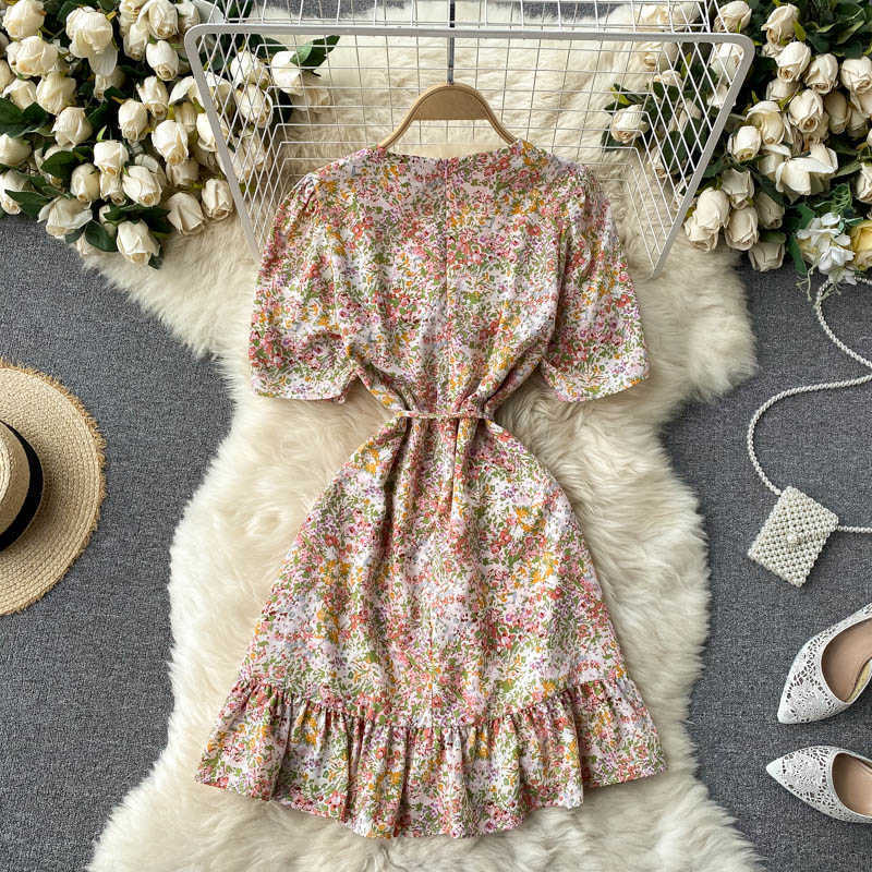 Women Fashion Floral Print A-line Mini Dress Summer V Collar High Waist Slim Short Sleeve Clothes Vestidos S067 210527