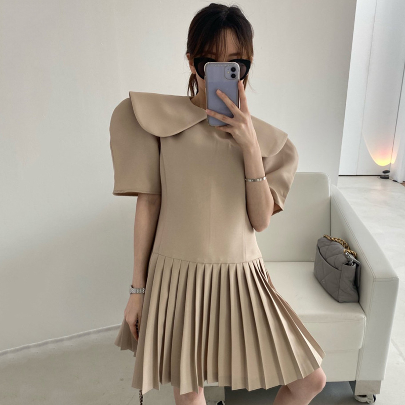 Women Casual Dress Summer Korean Chic Ladies Sweet Doll Collar High Waist Puff Sleeve Stitching Pleated Mini Dress Vestidos 210518