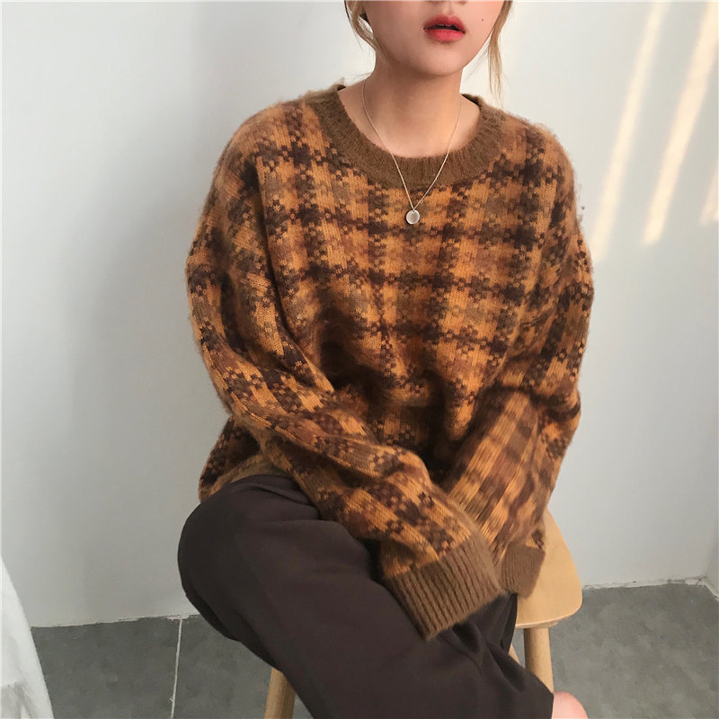 Lazy Style Plaid Women Office Lady Thicken Fashion Geometric Tops Arrival OL All Match Elegant Knitted Sweaters 210421