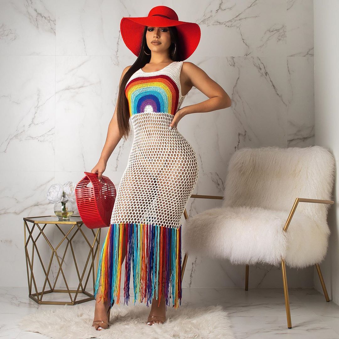 Sexy Fringed Bikini Cover-ups Handmade Crochet Rainbow Backless Summer Dress Tunic Women Swim Suit Cover up A377 210420