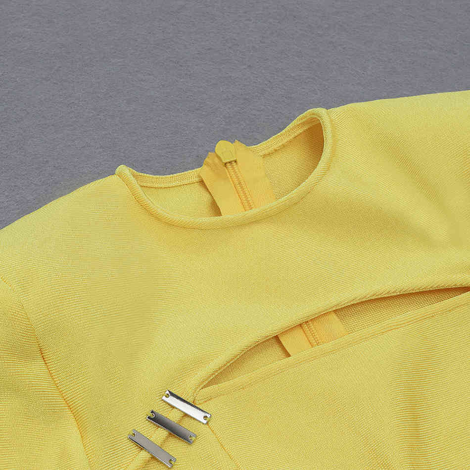 Free Spring Women's Yellow Bandage Dress O-Neck Long Sleeve Sexy Hollow Bodycon Club Party Vestido 210524