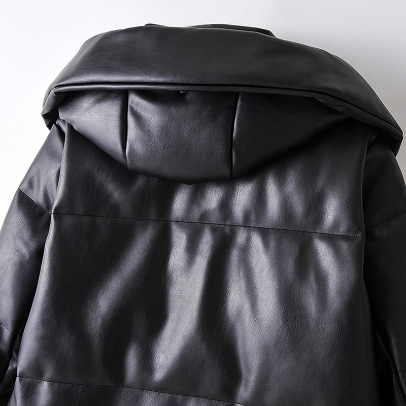 Winter Casual Faux Leather Black Coat Women Long Sleeve Thick Warm Jacket Lady Pu Leather Midi Long Hooded Tops 210414
