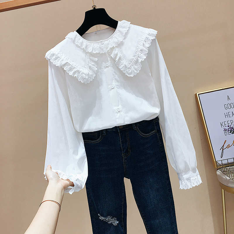 Sweet Lace Peter Pan Collar Loose Full Solid Shirt with Bottom Coat Flare Sleeve Blouse Women 210615