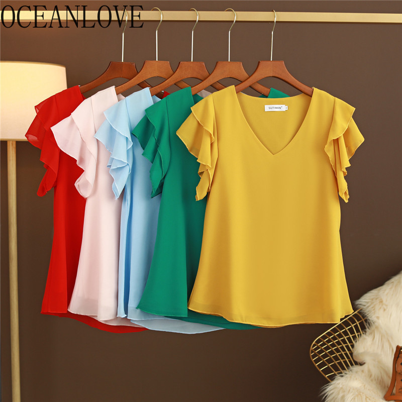 Chiffon Blouses Women Solid Ruffles V Neck Blusas Mujer All Match Casual Summer Tops M-6XL Shirts 16982 210415