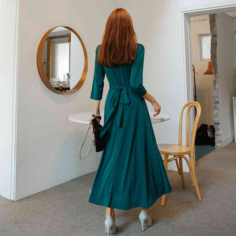 V-Neck Solid Midi Dress Women Bow Belt Vintage Elegant Party High Waist A-Line Female Sexy Vestidos 13020 210508