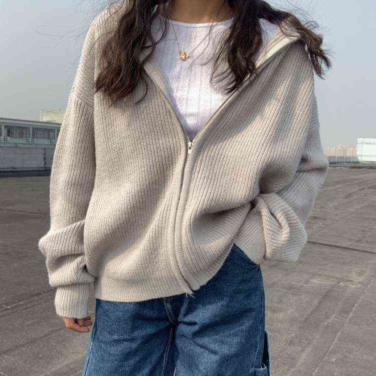 Women Drop Shoulder Zip Up Slouchy Knit Hooded Cardigan Chunky Hooded Relaxed Cardigan 211117