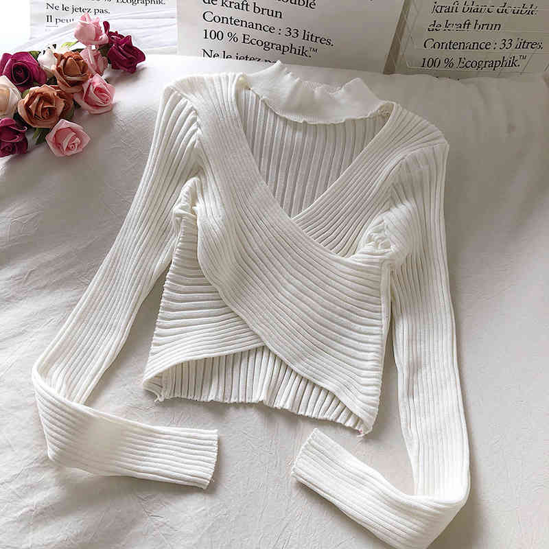 Nomikuma Autumn Korean Elegant Slim Short Pullover Knitwear Halter Corss V-neck Long Sleeve Knitted Women Tops New 6B984 210427