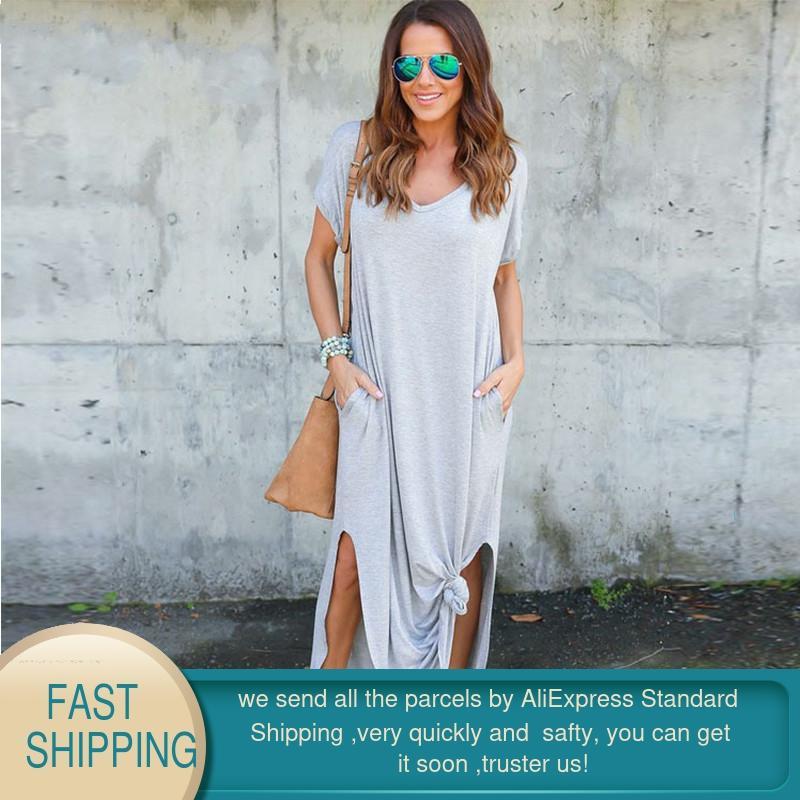 Tataria Women's Casual Loose Pocket Long Dress Short Sleeve es T Shirt Solid Color Vintage V-neck 210428