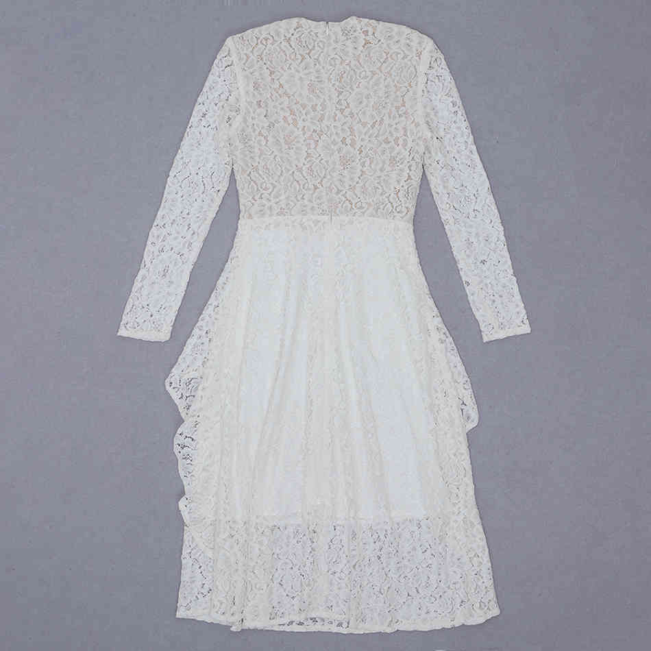 Free Women's White Lace Dress Sexy O-neck Long Sleeve A-line Ruffle Celebrity Club Party Midi Vestidos 210524