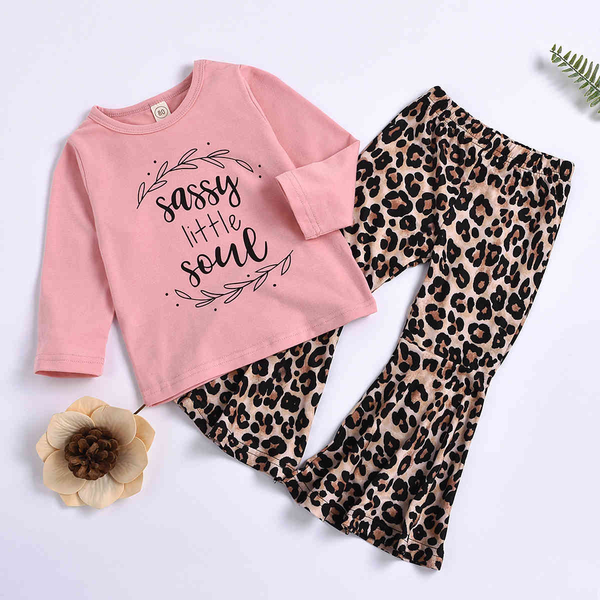 6M-3Y Autumn Spring Toddler Kid Baby Girls Clothes Set Letter Long Sleeve Tops Flare Pants Leopard Trousers Outfits 210515