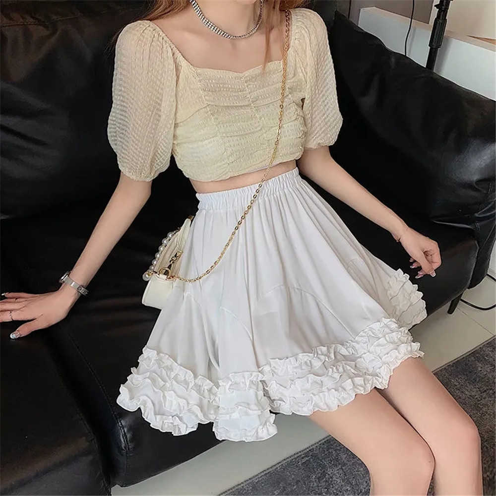Ruffled Short Pleated Skirt Women Solid White High Waist Mini A-Word Skirt Summer Korean Fashion Casual Mini Skirt Streetwear 210619wtt