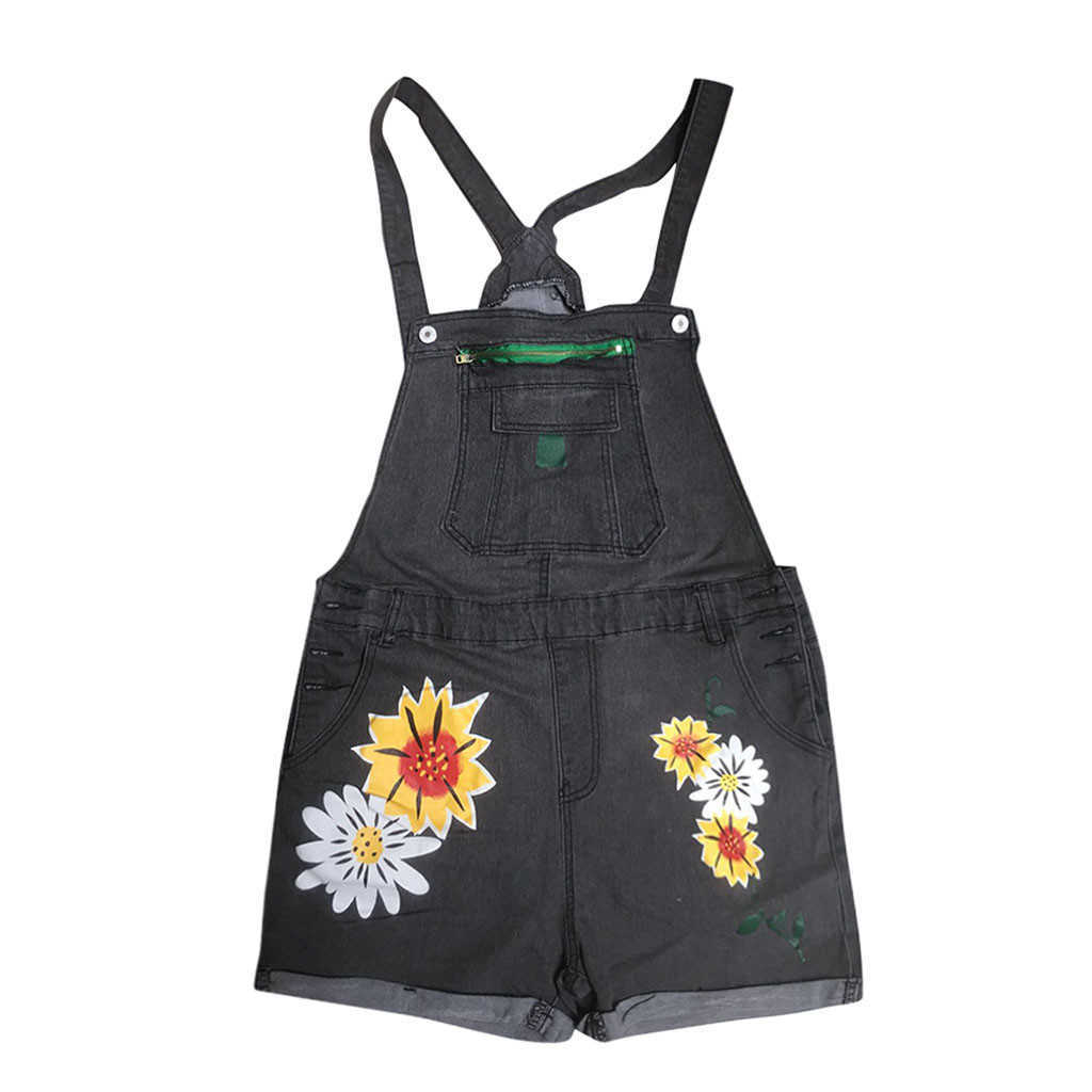 Women Denim Playsuit Sunflower Print High Waist Overalls Summer Fashion Casual Ladies Pocket Plus Size Jeans Shorts 210809