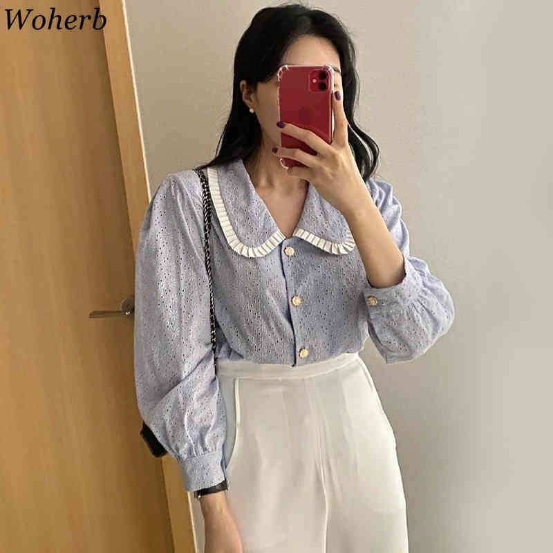 Peter Pan Collar Blouse Women Spring Summer Korean Chic Elegant Lace Hollow Out Female Shirt Casual All Match Blusas 210519