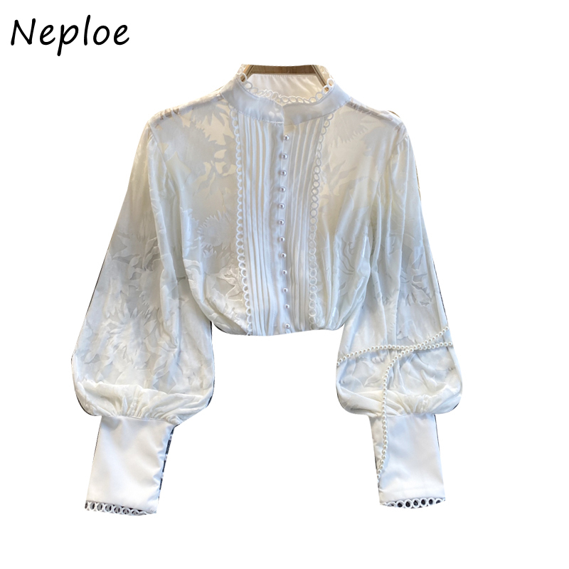 Elegant Lace Hook Flower Loose Blouse Women Stand Collar Lantern Long Sleeve Blusas Spring Shirt Feminino 210422