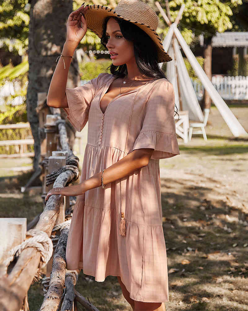 Solid High Waist Half Sleeve Dress Women Cotton Linen Holiday A-line Dress Spring Summer V-neck Vintage Loose Short Dresses 210521