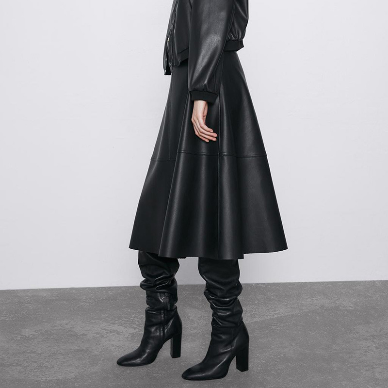 Style Autumn Winter Pu Leather Skirt Metal Splicing A- line womens within belt midi PU Women 210508