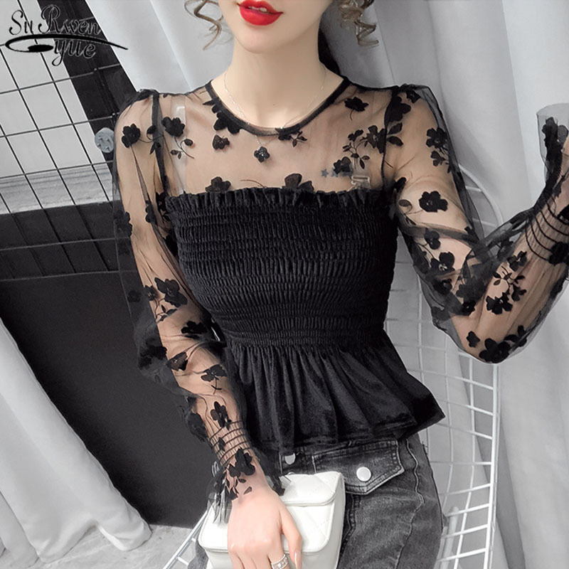Spring Puff Sleeve Black Mesh Short Tops Sexy Lace Bottoming Blouse Women Velvet Waist Skinny Shirts Fashion Blusas 12771 210427