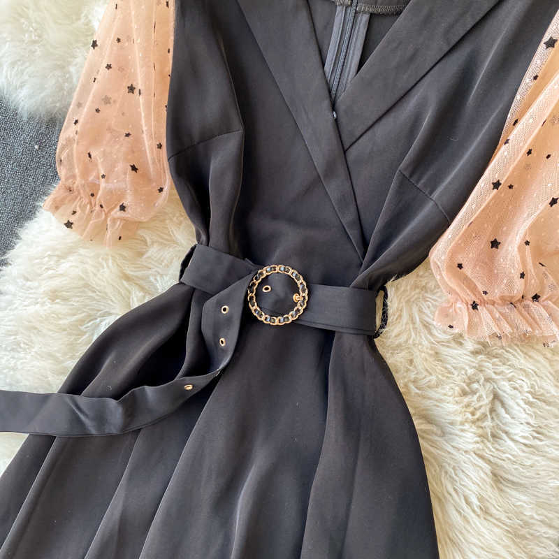 Korean Spring Fashion Mesh Stitching Dress Women V Collar Thin Short Sleeve Elegant A-line Clothes Vestidos R195 210527