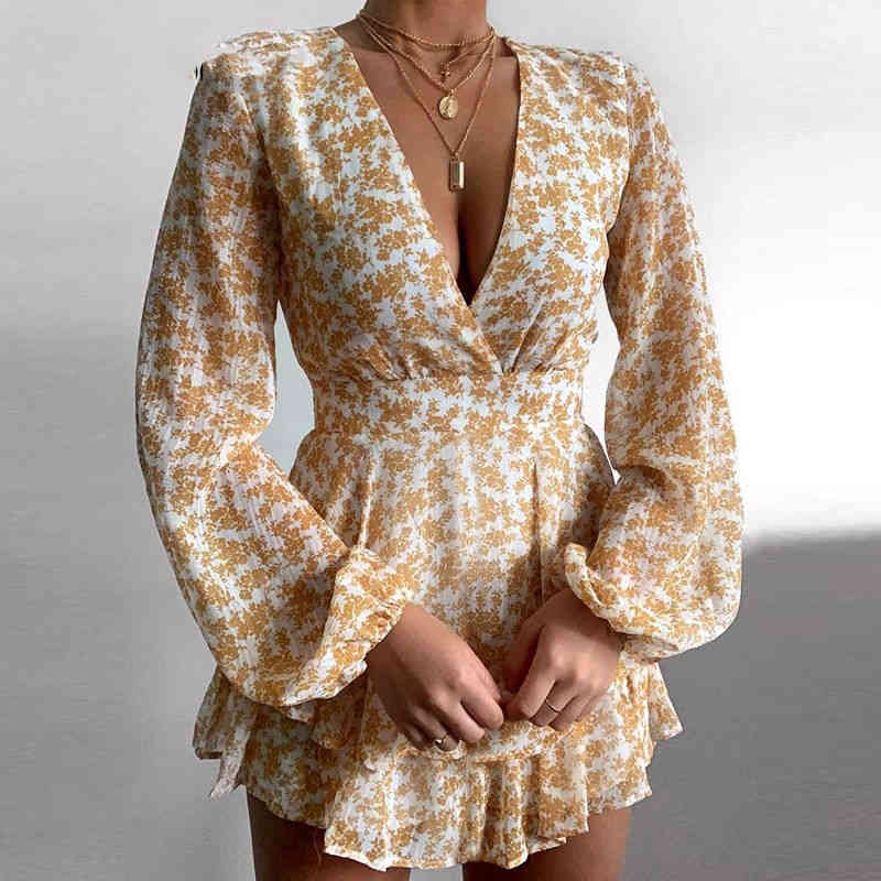 Summer Floral Print Beach Dress Deep V Neck Mini Bud Dresses Lady Bandage Transparent Long Sleeve Holiday Dress Sundress 210414
