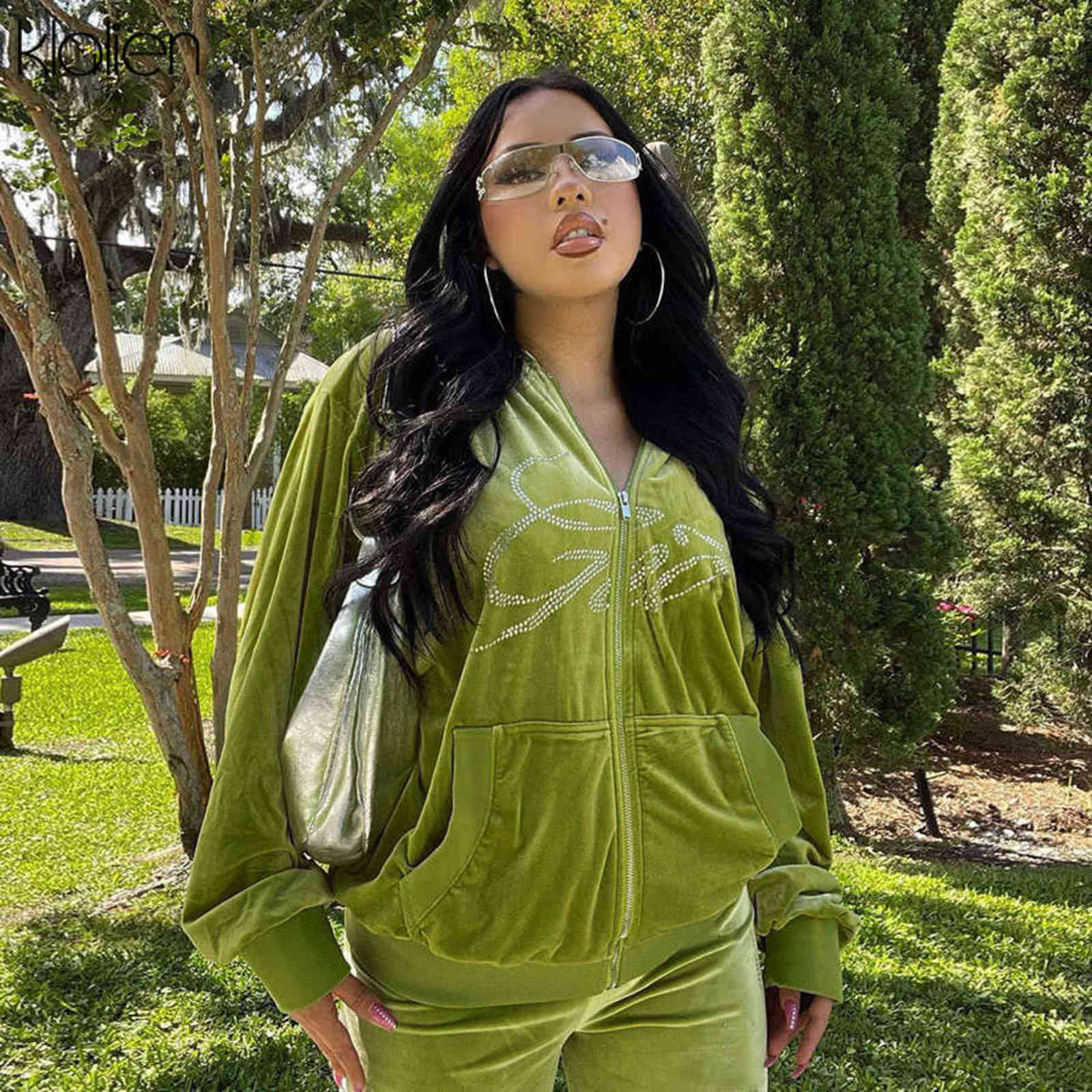 KLALIEN Autumn Fashion Letter Diamond Hooded Zipper Coat and Wide Leg Pants Two Piece Set For Women Casual Loose Streetwear Suit 211116