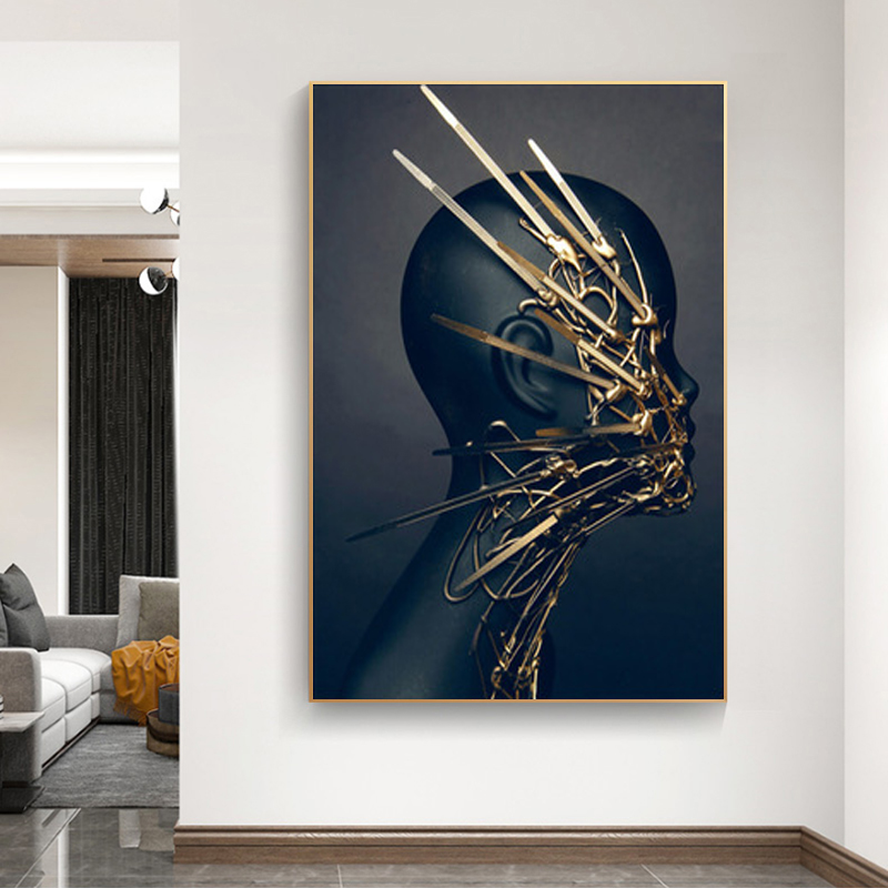 Black Woman Gold Abstract Painting Canvas Prints Portrait Posters Wall Art Pictures for Living Room Home Decoration