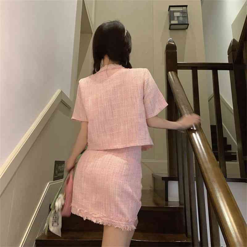 High Quality Korean Elegant Fashion Skirt Suits Tweed 2 Piece Set Women Short Sleeve Jacket Coat Waist Two Outfits 210520