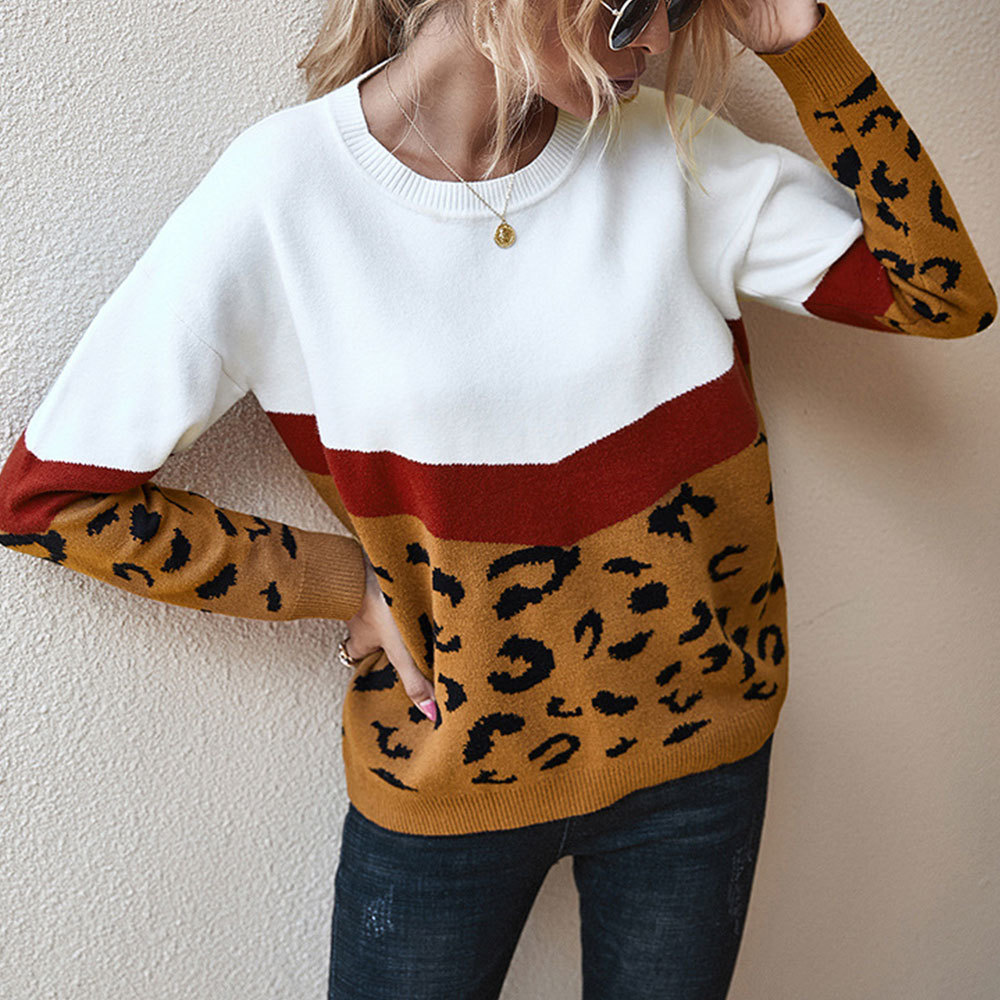 Fashion Leopard Patchwork Winter Ladies Knitted Sweater Women O-neck Full Sleeve Jumper Pullovers Top Khaki Brown Clothes 210428