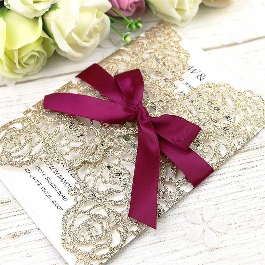 2021 Hot Invitation Cut Gold Laser Cards Glitter Sale With Burgundy Ribbons For Wedding Bridal Shower Engagement Birthday Gra