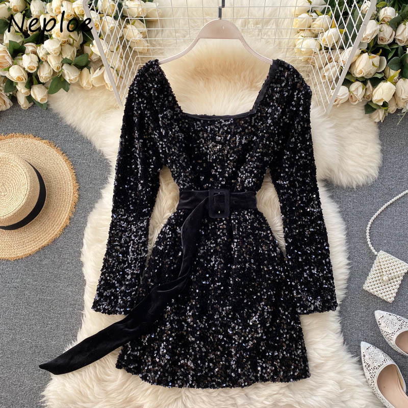 Neploe Square Collar Drawstring Slim Waist Elegant Vestidos Autumn New Vintage Sequined Dress Fashion Chic Dresses Women 210422