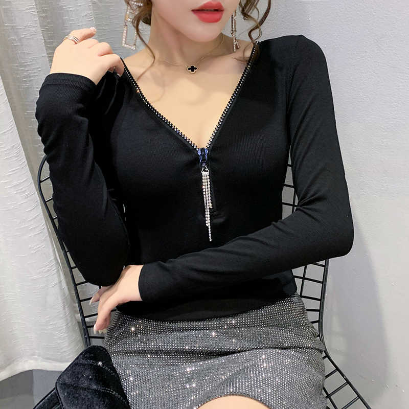 White T shirt Women Clothes Diamond Zipper Cotton Korean Female T-Shirt Gray Tops Black Long Sleeve Tee Shirt 210604
White T shirt Women Clothes Diamond Zipper Cotton Korean Female T-Shirt Gray Tops Black Long Sleeve Tee Shirt 210604