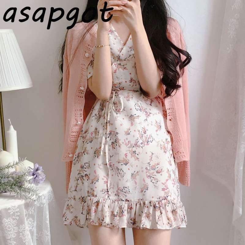 Korean Chic Fresh V Neck Lace Up Chiffon Floral Dress Women Mini Short Sleeve Ruffles Mermaid Summer Sweet Slim Retro Elegant 210429