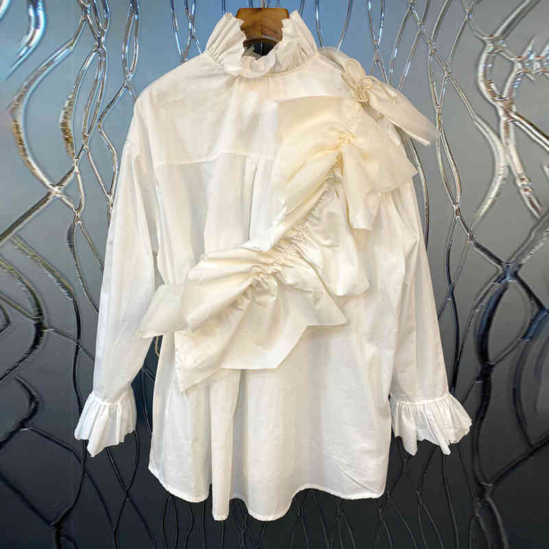 Patchwork Ruched White Shirt For Women Stand Long Sleeve Casual Elegant Blouse Female Fashion Clothes Summer 210524