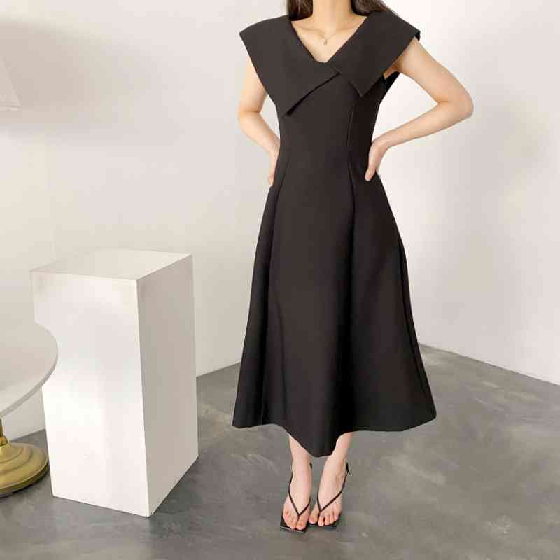 Nomikuma Korean Sleeveless Turn-down Collar Dresses Elegant Slim High Waist Woman Dress New Vestido De Mujer 6H267 210427