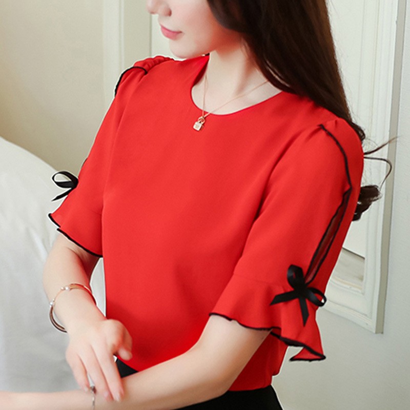 Fashion Chiffon Women Blouse Shirt Bow Short Sleeve Sweet Women's Clothing Pink O-neck Summer Feminine Tops Blusas D621 30 210508