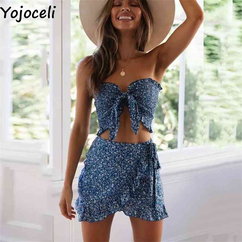 Yojoceli Sexy bow ruffle short dress women two piece set Summer elegant floral print beach dress Casual daily dress vestidos 210331
