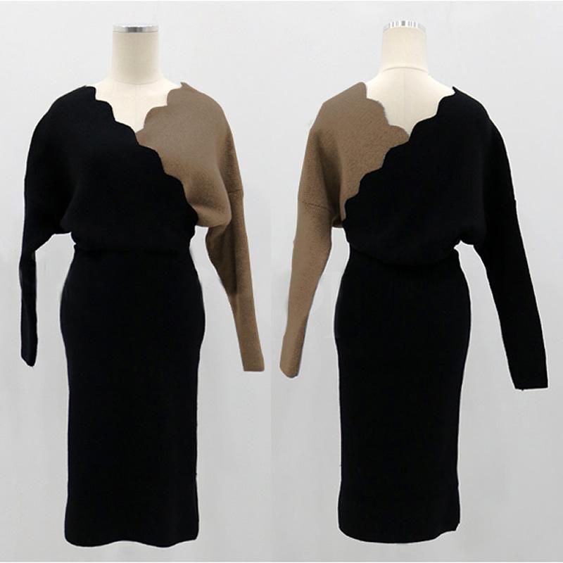 Ladies V-Neck High Waist Long-Sleeved Sweater Knitted Dress Bat Sleeve Bodycon Knee-Length Sexy Vestidos Casual Dresses