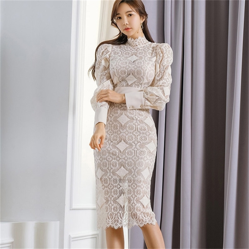 Korea Ladies white Lace Stand Neck Puff Long Sleeved High Waist Slim Pencil Bodycon Midi Sexy Full Party Dress 210519