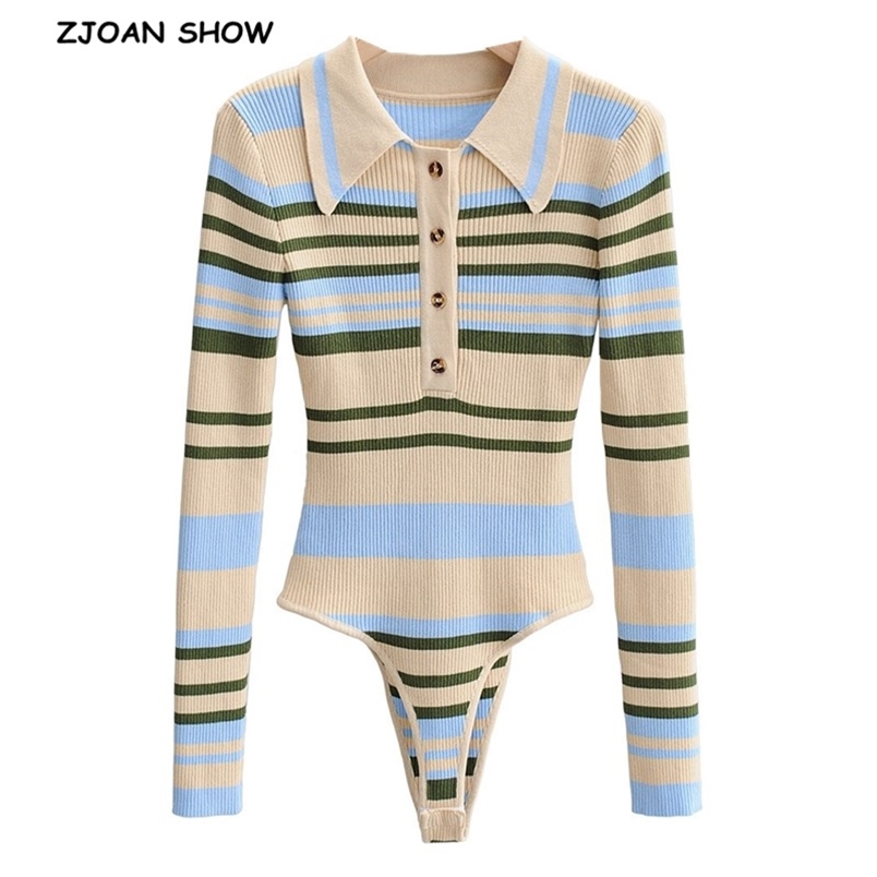 90' Vintage Knitting Contrast color Striped open Lapel Long sleeve Bodysuit Woman Short Jumpsuit Slim fit Rompers Playsuits 210429, Orange
90' Vintage Knitting Contrast color Striped open Lapel Long sleeve Bodysuit Woman Short Jumpsuit Slim fit Rompers Playsuits 210429, Orange