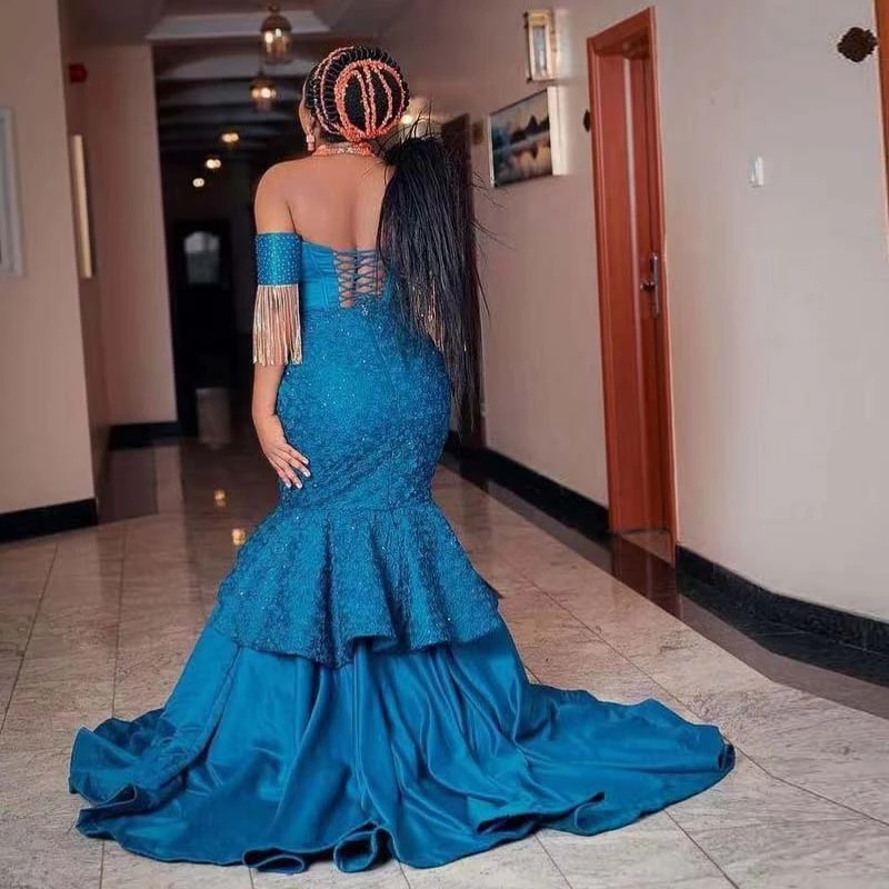 Aso Ebi Blue Style Tassel Beading Satin Mermaid Evening Dresses Off Shoulder Lace Tier Skirt Formal Wear Plus Size Africa Special Ocn Gown